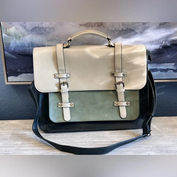 Classic Cream and Green Leather Briefcase - Picture 1 of 15